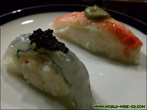 Russian King Crab with Kani Miso (background) & Prawn from New Caledonia with black Flying Fish Caviar (foreground)
