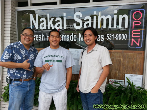 Russ Sumida, Brandon Suyeoka and Rick Nakama outside Nakai Saimin