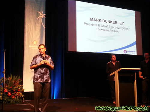 Hawaiian Airlines President and CEO Mark Dunkerley addresses the crowd