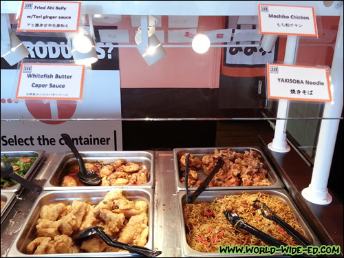 Fried Ahi Belly with Teri Ginger Sauce, Mochiko Chicken, Yakisoba Noodle, Whitefish with Butter Caper Sauce