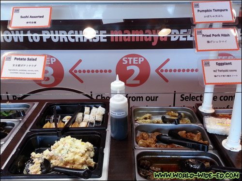 Assorted Sushi, Pumpkin Tempura, Fried Pork Hash, Eggplant with Teriyaki Sauce, Potato Salad