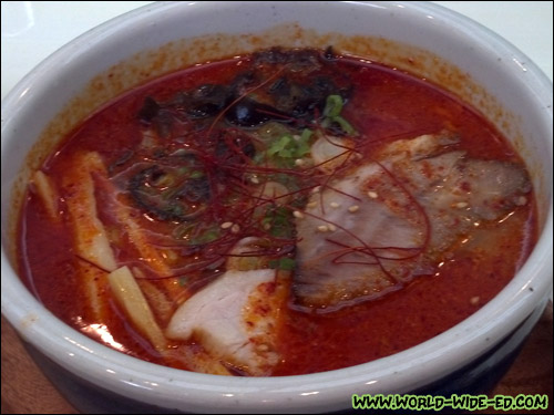Kara Miso Ramen - Spicy hot miso flavored ramen. Pork broth seasoned with hot spices and miso (fermented soy bean paste) - $9.99 [Photo Credit: Bari Carroll]