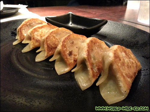 Agu Gyoza - 6 pc, ground pork, cabbage and nira (garlic chives) - $5.25