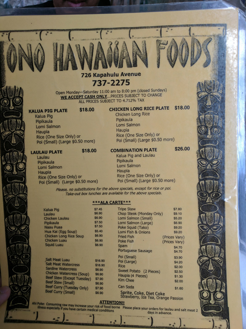 Ono Hawaiian Foods Menu